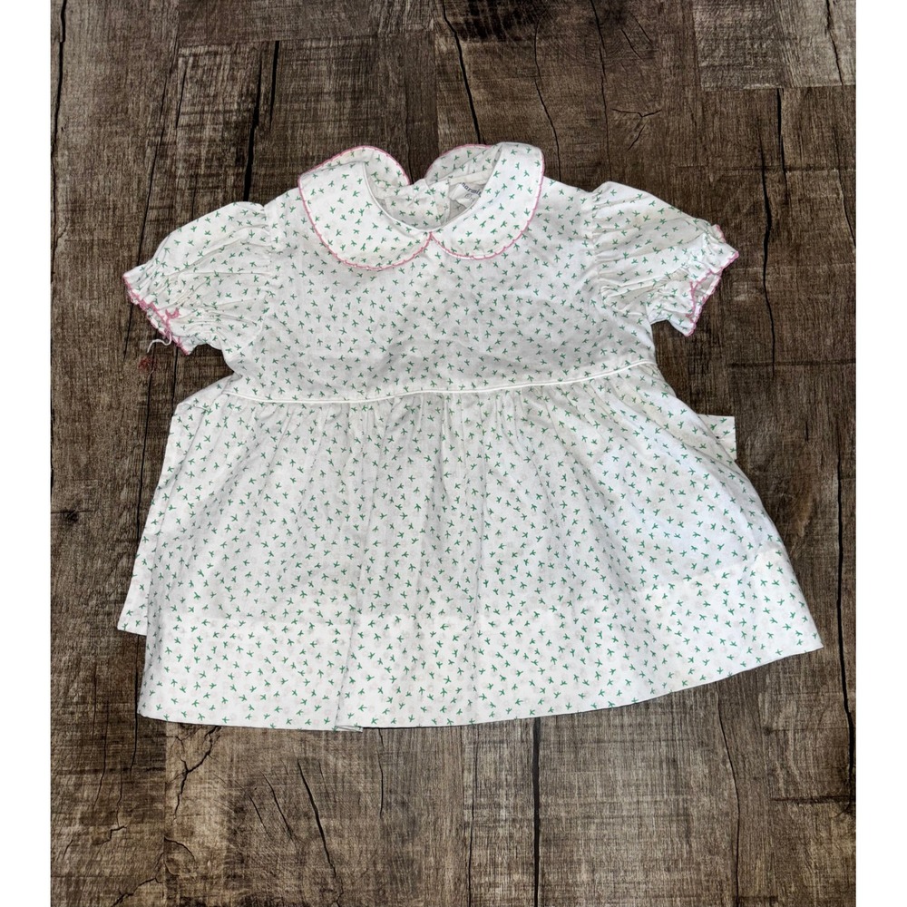 Vintage‎ Baby Girls White Green Bow Print Peter Pan Collar Dress Pink Trim